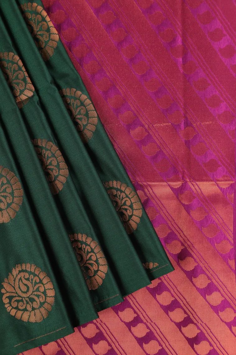 Bottle Green Soft Silk Saree with Copper Zari Mango Puttas