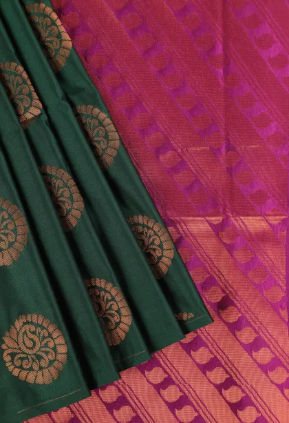 Bottle Green Soft Silk Saree with Copper Zari Mango Puttas