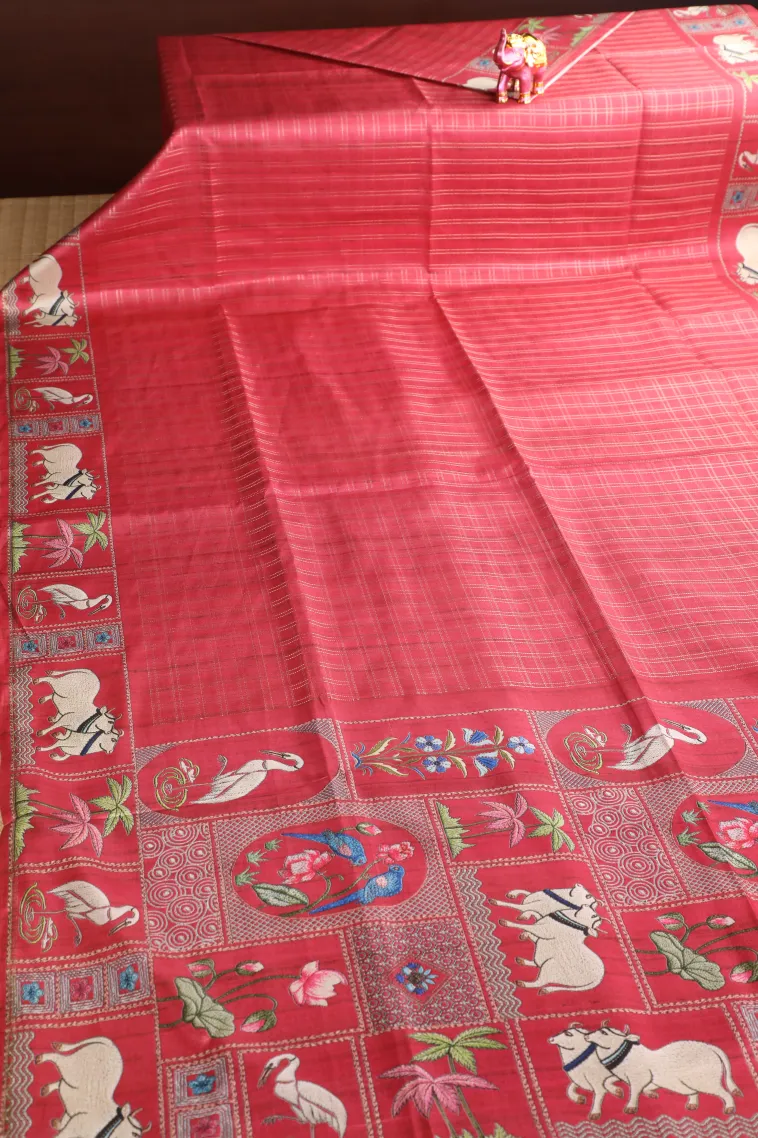 Punch Pink Tussar Saree with Gold Zari Checks view 2