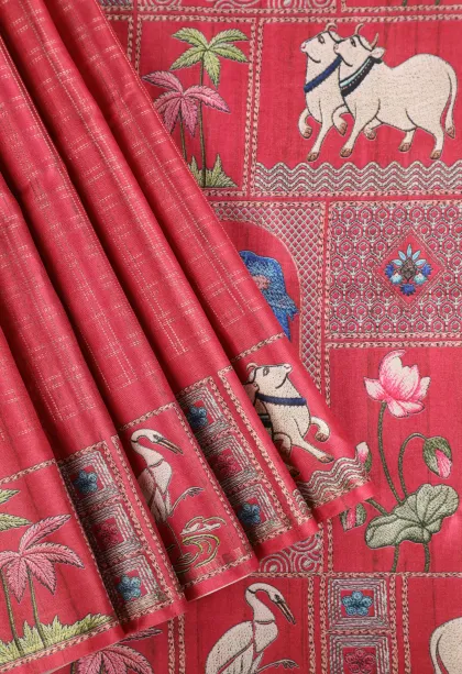 Punch Pink Tussar Saree with Gold Zari Checks