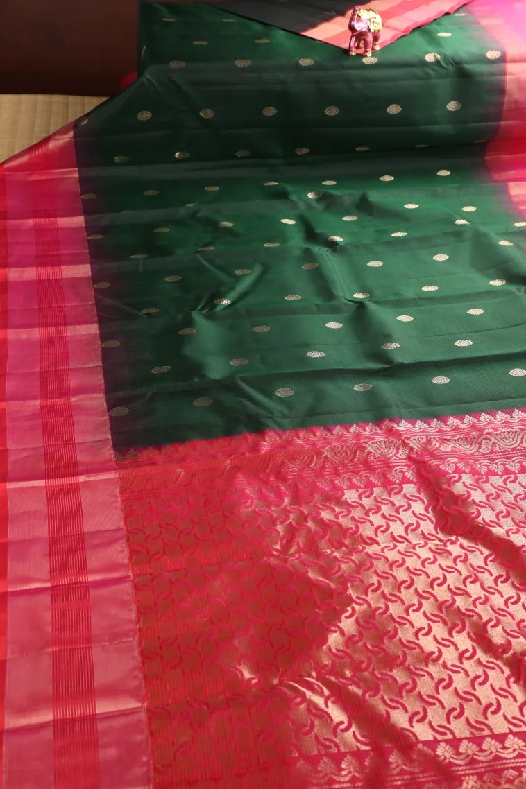 Bottle Green Soft Silk Saree with Gold Zari Buttis (small Dots Or Motifs) view 2