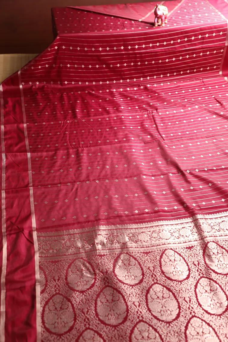 Apple Red Mysore Silk with Bronze Zari Stripes And Puttas view 2