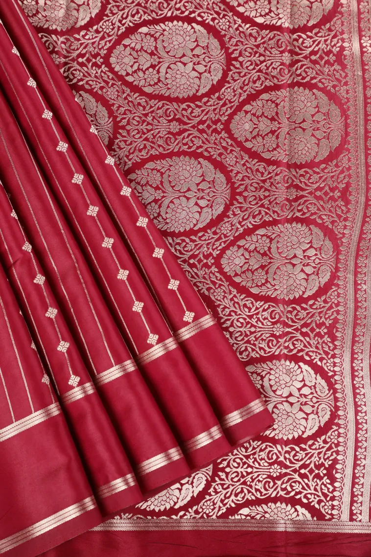 Apple Red Mysore Silk with Bronze Zari Stripes And Puttas view 1