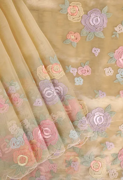 Sandollar Yellow Organza Saree with Thread Zari Flower Mottif