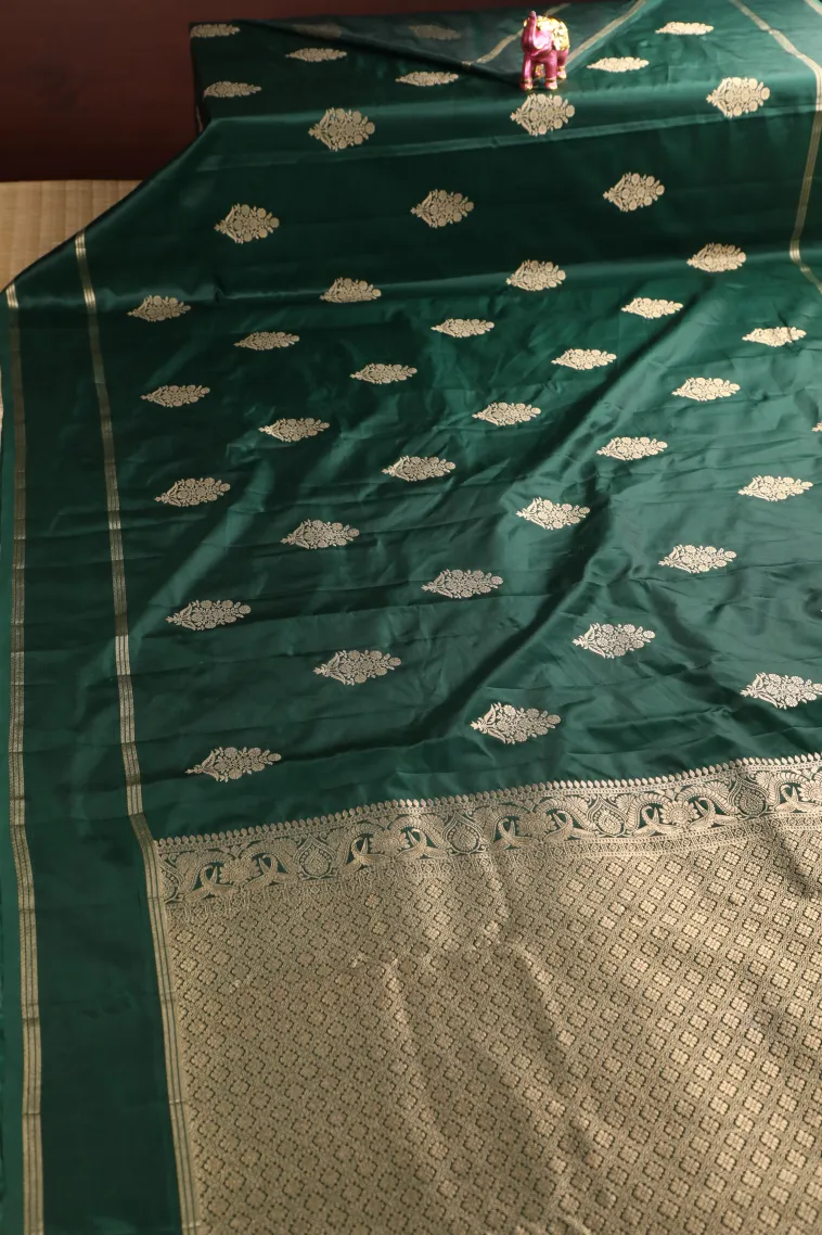 Bottle Green Mysore Silk with Gold Zari Flower Mottif view 2
