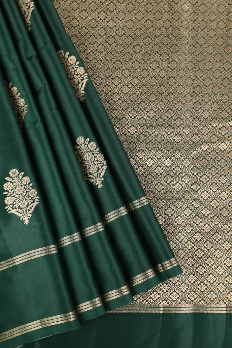 Bottle Green Mysore Silk with Gold Zari Flower Mottif