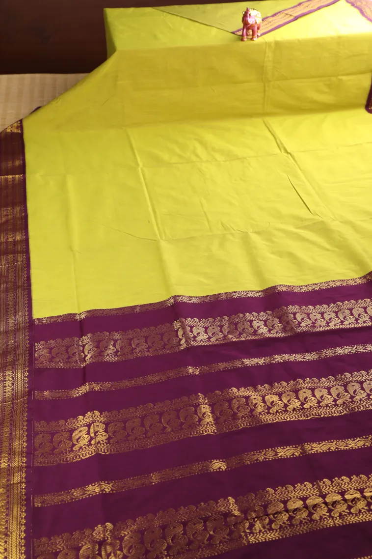 Lime Green Kalyani Cotton with Gold Zari Plain view 2