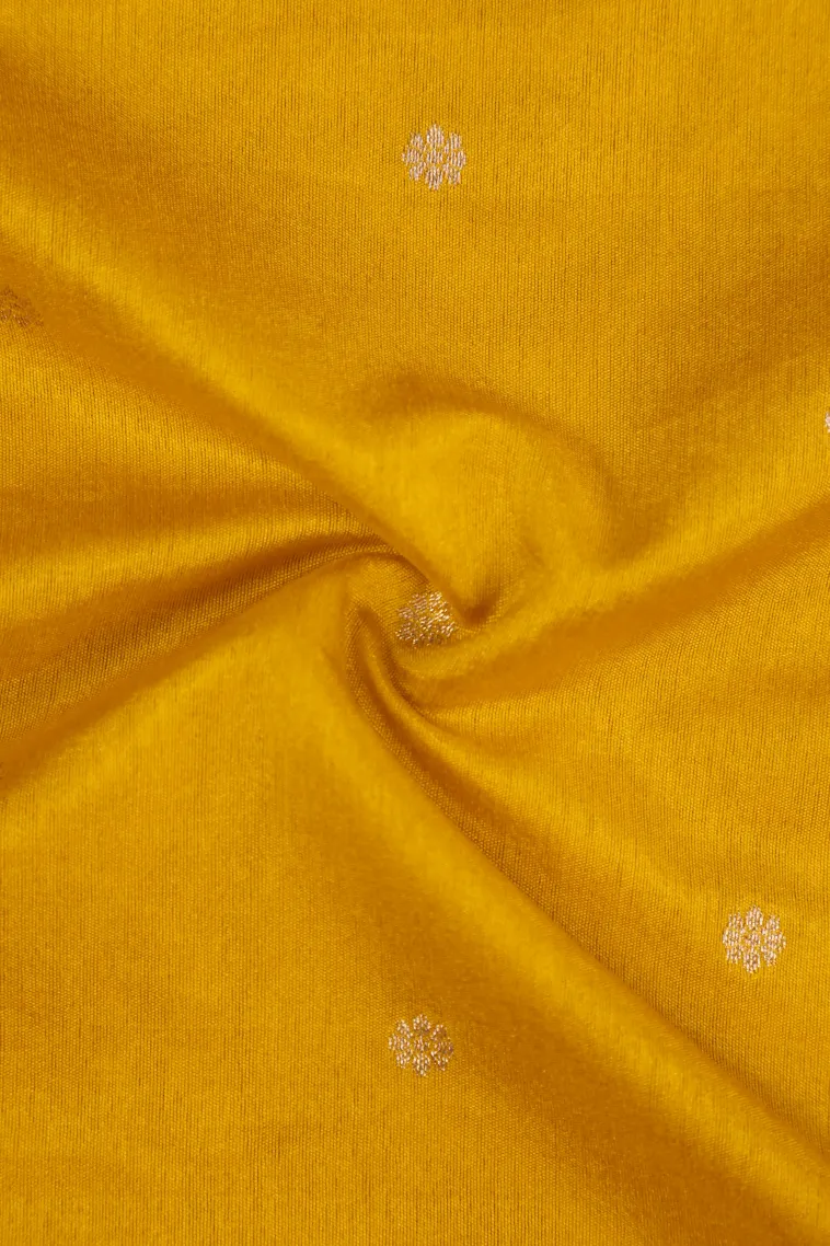 Bright Yellow Semi Raw Silk Printed with Gold Zari Buttis (small Dots Or Motifs) view 4