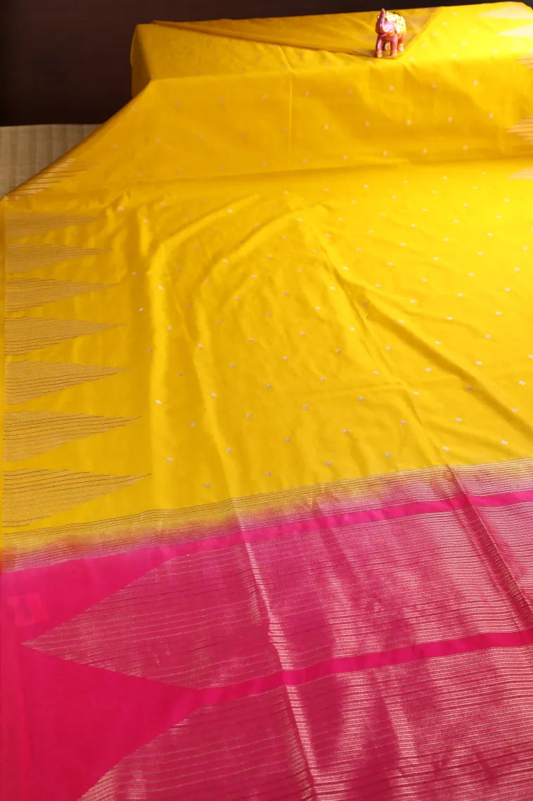 Bright Yellow Semi Raw Silk Printed with Gold Zari Buttis (small Dots Or Motifs) view 2