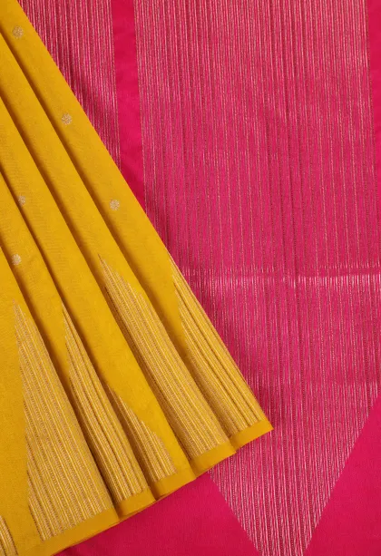 Bright Yellow Semi Raw Silk Printed with Gold Zari Buttis (small Dots Or Motifs)