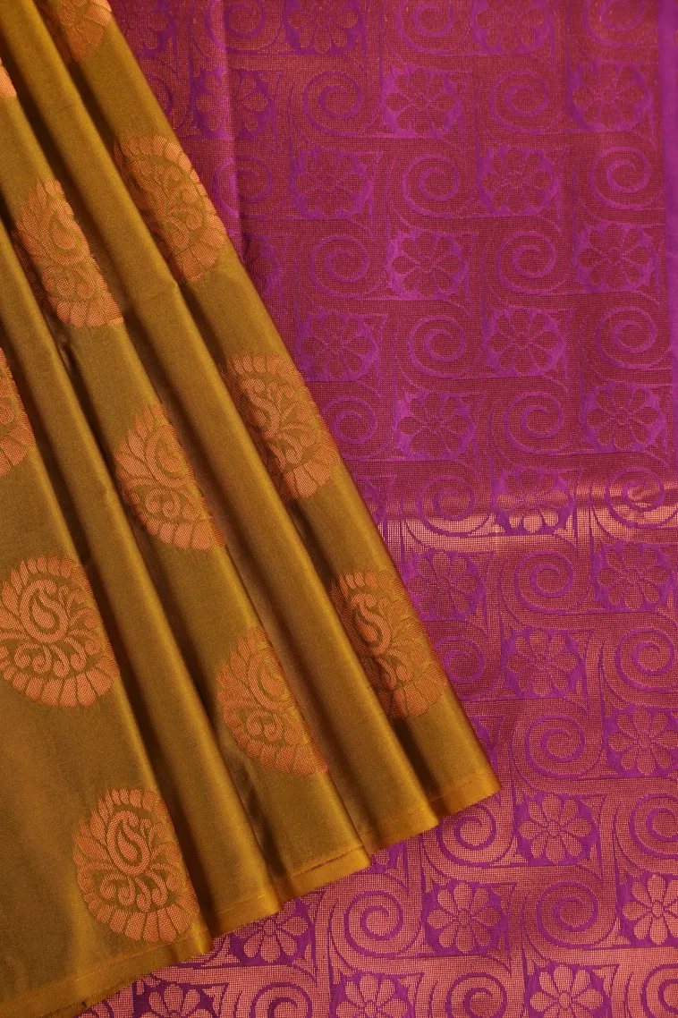 Gold Soft Silk Saree with Copper Zari Mango Puttas view 1