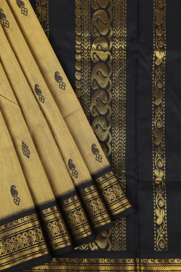 Tan Yellow Kalyani Cotton with Gold Zari Mango Puttas
