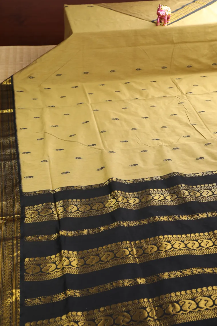 Tan Yellow Kalyani Cotton with Gold Zari Mango Puttas view 2