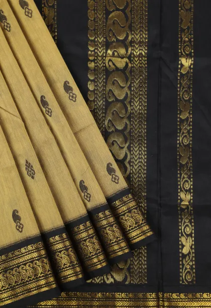 Tan Yellow Kalyani Cotton with Gold Zari Mango Puttas