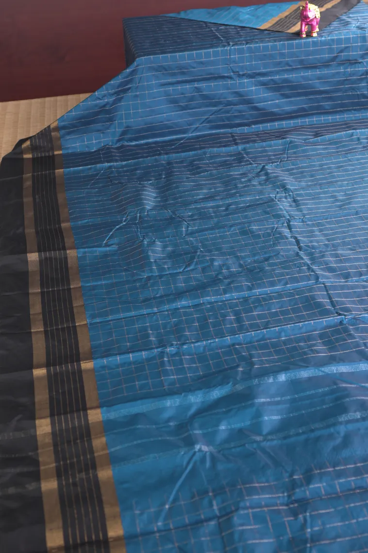 Cerulean Blue Arani Silk Sarees with Gold Zari Checks view 2