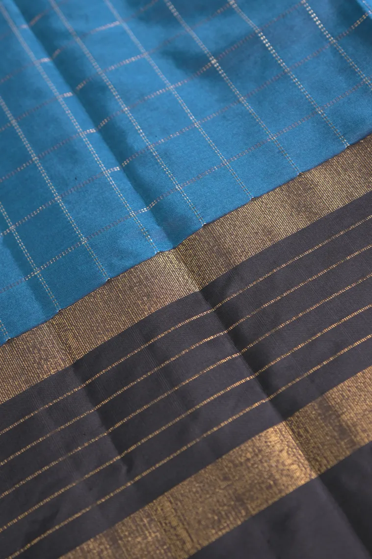 Cerulean Blue Arani Silk Sarees with Gold Zari Checks view 3