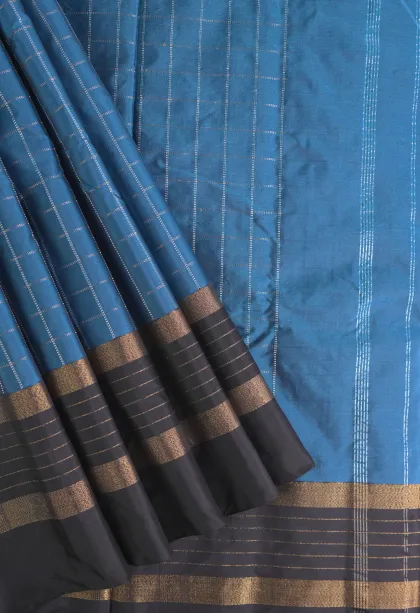Cerulean Blue Arani Silk Sarees with Gold Zari Checks