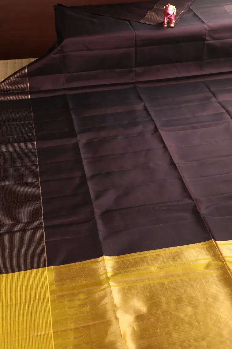 Chocolate Brown Soft Silk Saree with Gold Zari Plain view 2