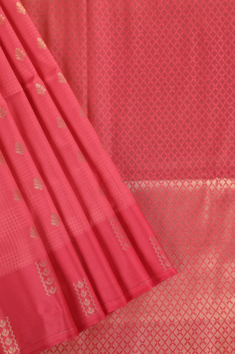 Punch Pink Soft Silk Saree with Bronze Zari Checks And Puttas