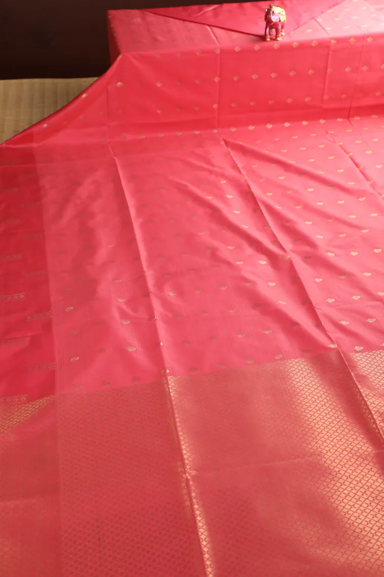 Punch Pink Soft Silk Saree with Bronze Zari Checks And Puttas view 2