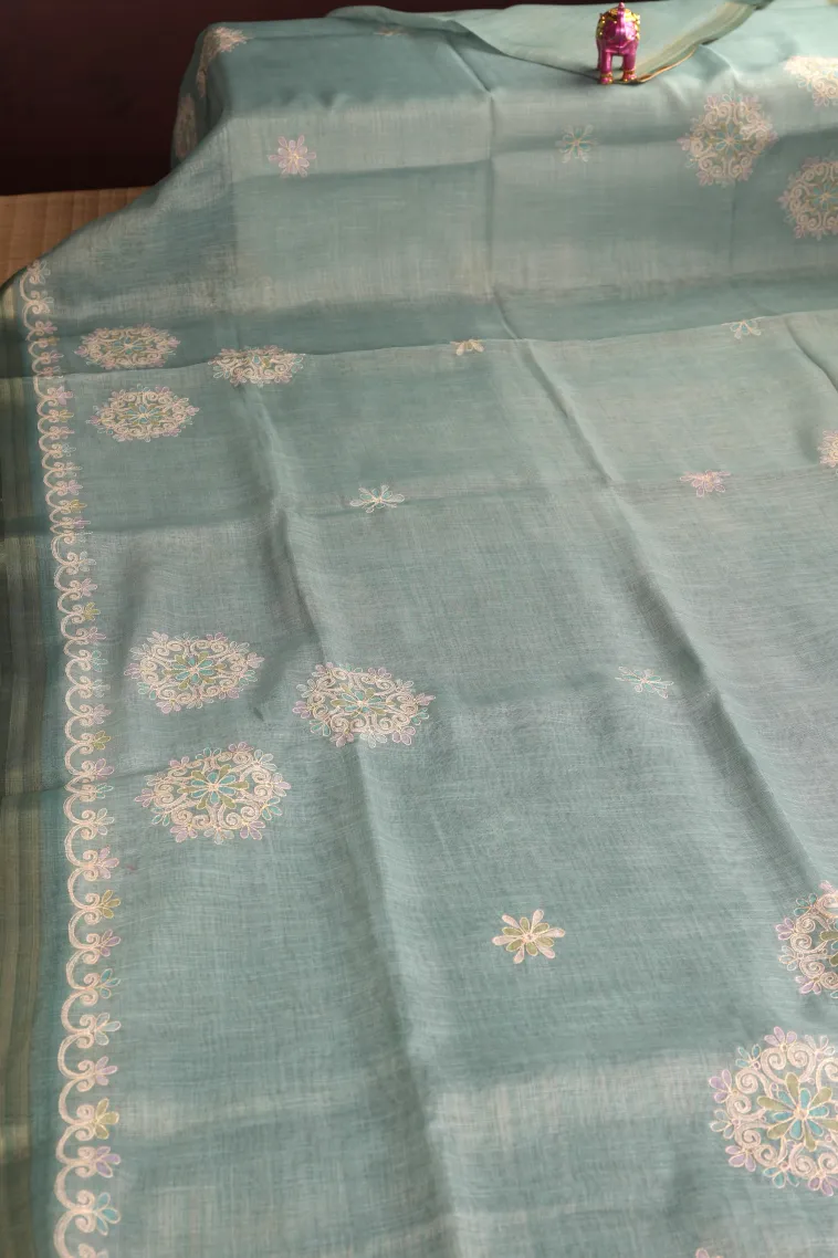 Sky Blue Tissue Silk Sarees with Gold Zari Rangoli Pattren view 2