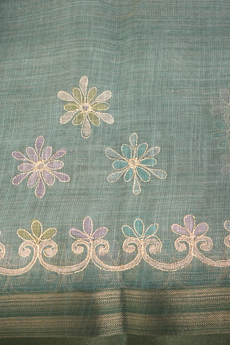 Sky Blue Tissue Silk Sarees with Gold Zari Rangoli Pattren view 3