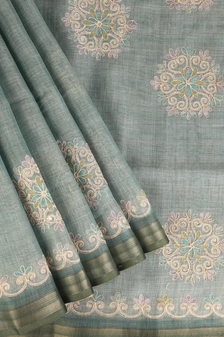 Sky Blue Tissue Silk Sarees with Gold Zari Rangoli Pattren