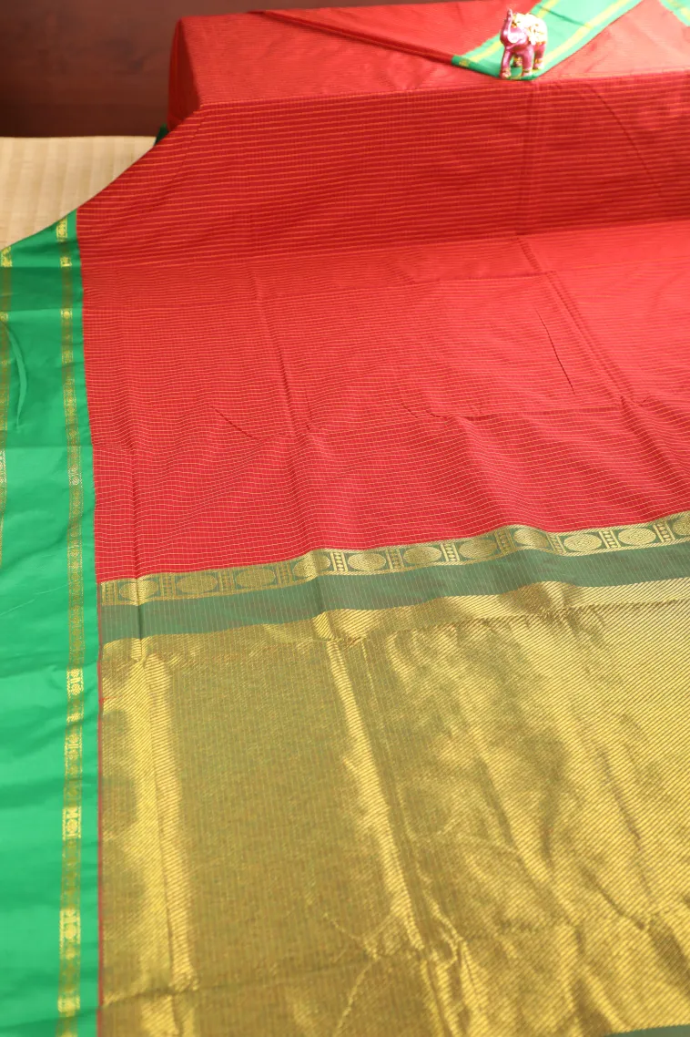 Dawn Red Kalyani Cotton with Gold Zari Small Checks Pattern view 2