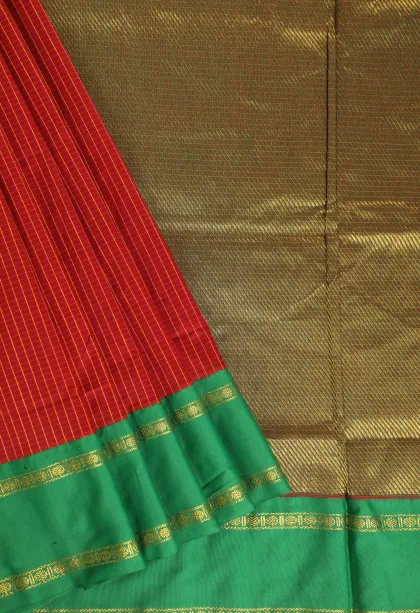 Dawn Red Kalyani Cotton with Gold Zari Small Checks Pattern