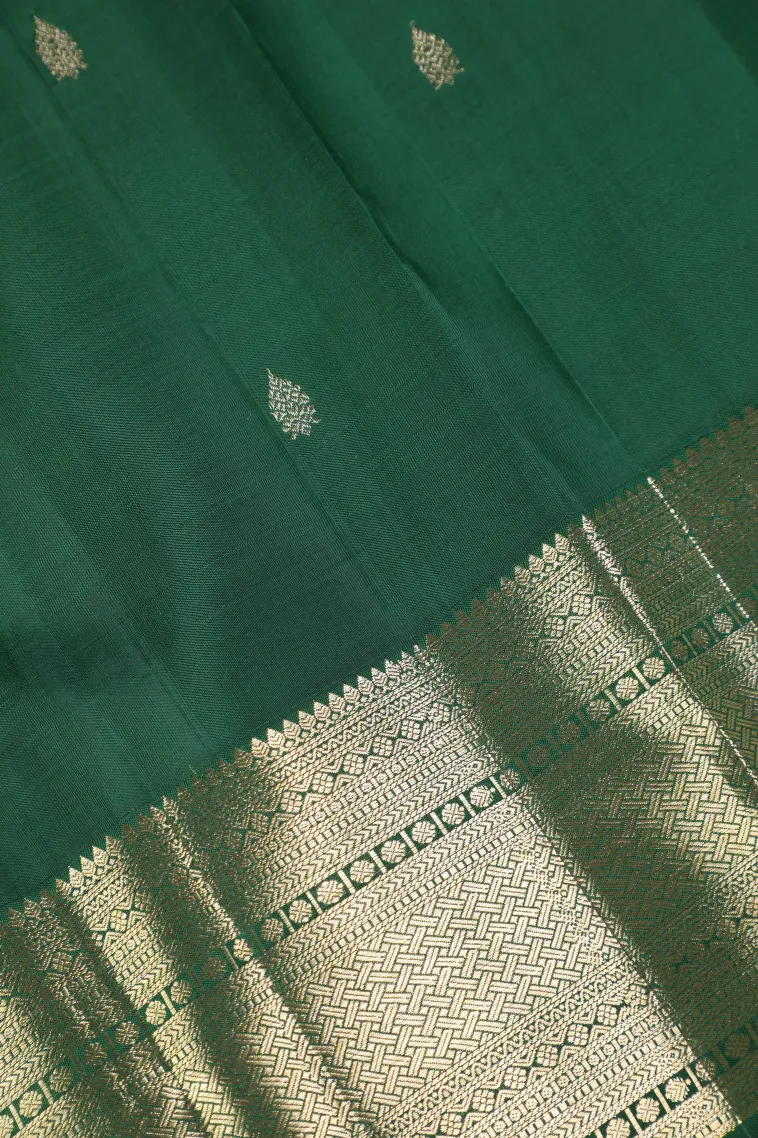 Bottle Green Kanchipuram Silk Sarees with Gold And Silver Zari Animal And Bird Motifs view 3