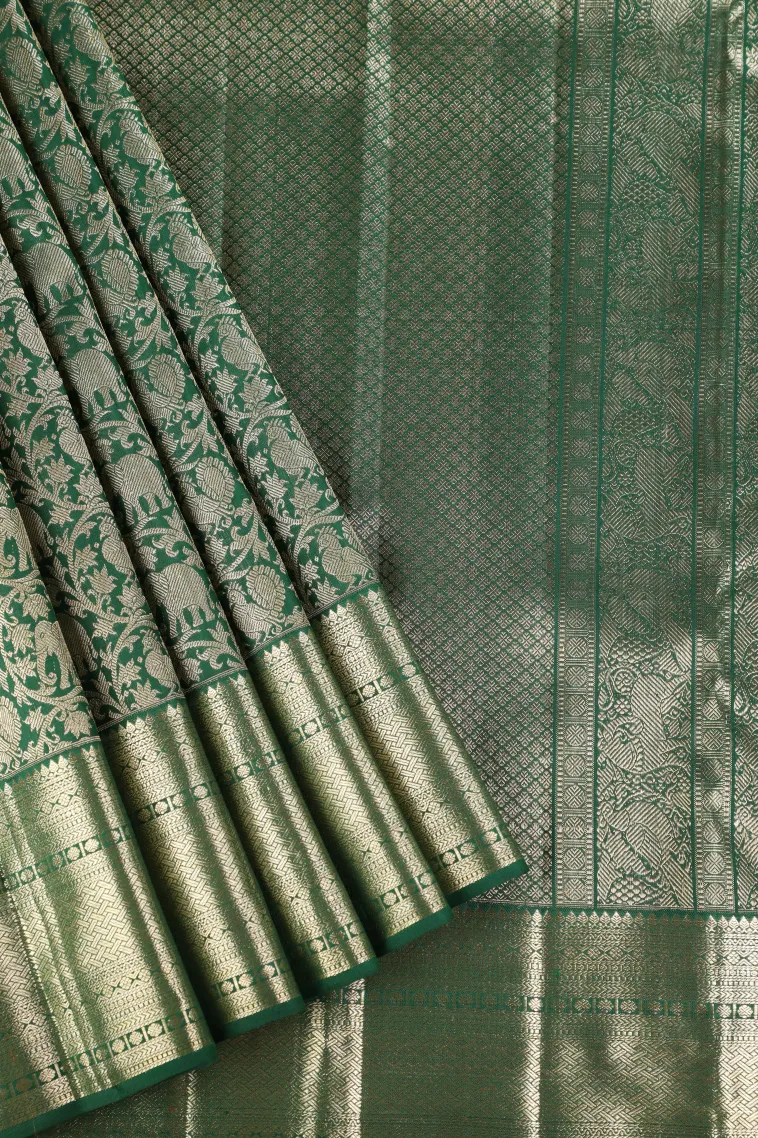 Bottle Green Kanchipuram Silk Sarees with Gold And Silver Zari Animal And Bird Motifs