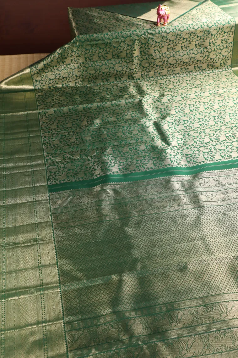 Bottle Green Kanchipuram Silk Sarees with Gold And Silver Zari Animal And Bird Motifs view 2