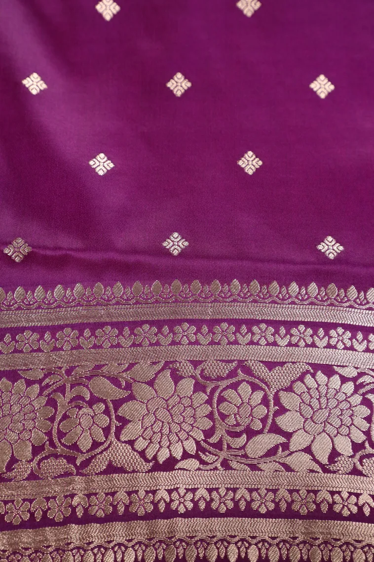 Magenta Purple Mysore Silk with Bronze Zari Stripes And Puttas view 3