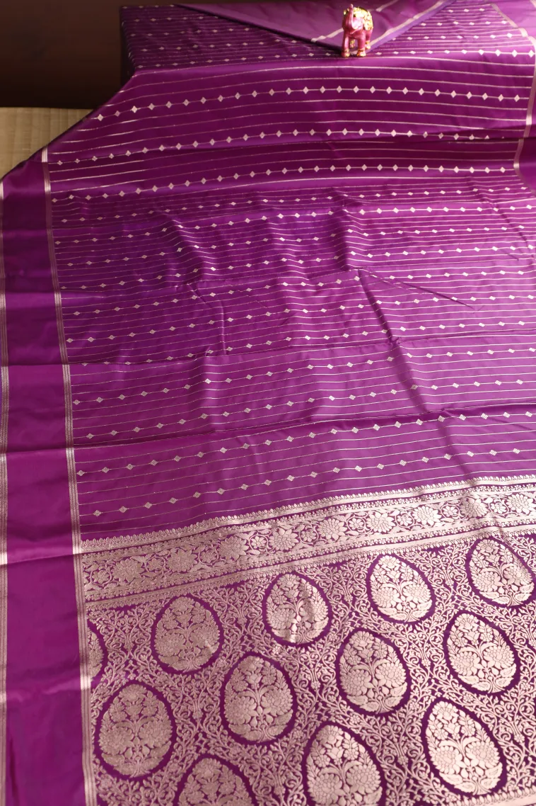 Magenta Purple Mysore Silk with Bronze Zari Stripes And Puttas view 2