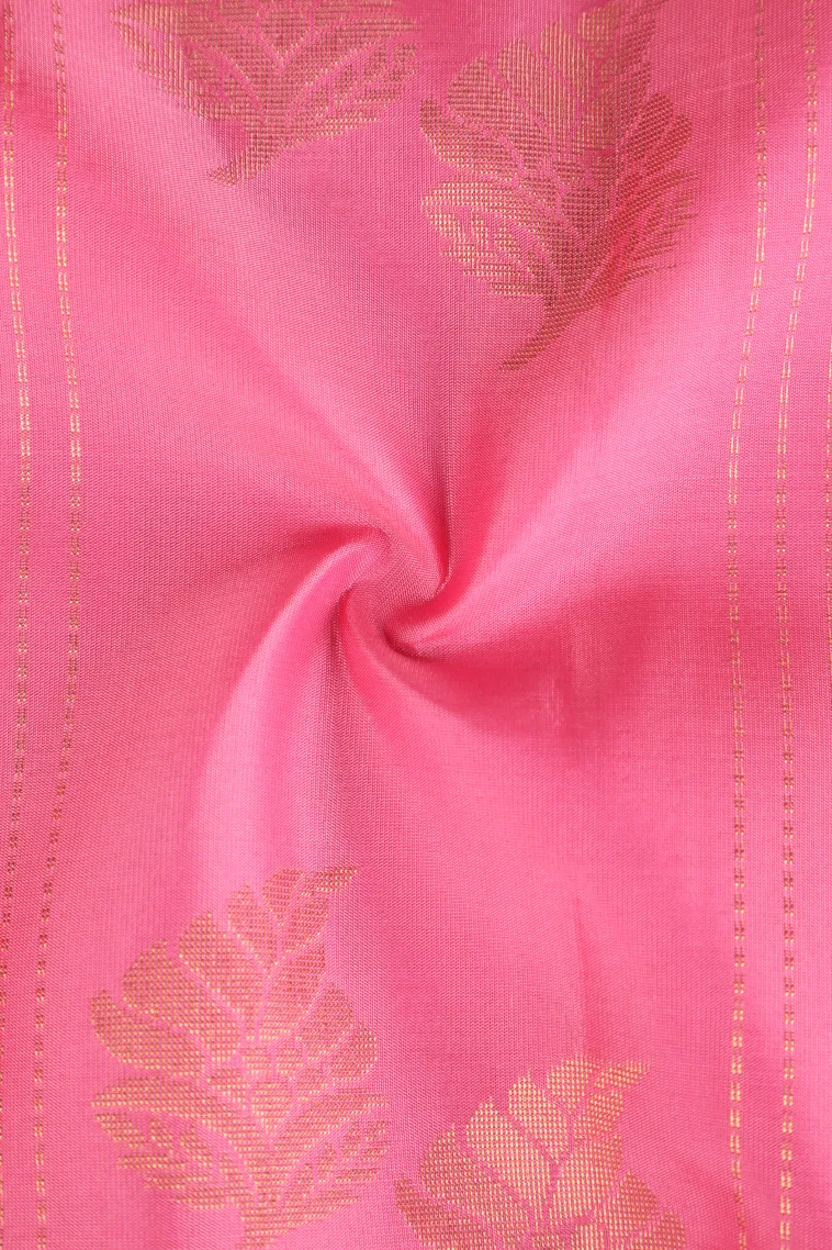 Rose Pink Soft Silk Saree with Gold Zari Stripes And Puttas view 4
