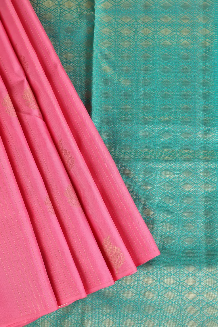 Rose Pink Soft Silk Saree with Gold Zari Stripes And Puttas