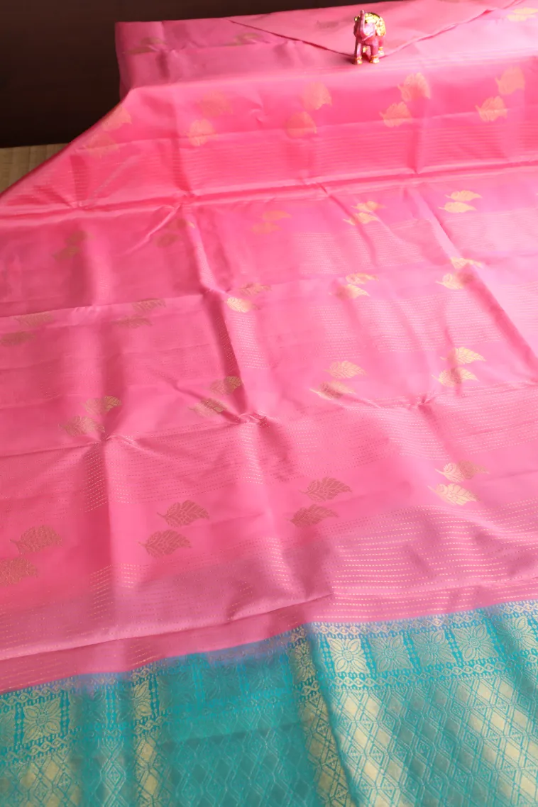 Rose Pink Soft Silk Saree with Gold Zari Stripes And Puttas view 2