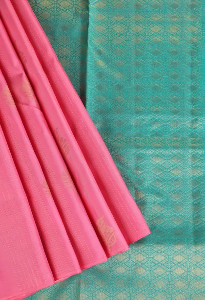 Rose Pink Soft Silk Saree with Gold Zari Stripes And Puttas