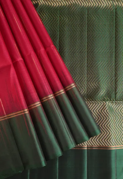 Lipstick Red Soft Silk Saree with Gold Zari Vaira Oosi
