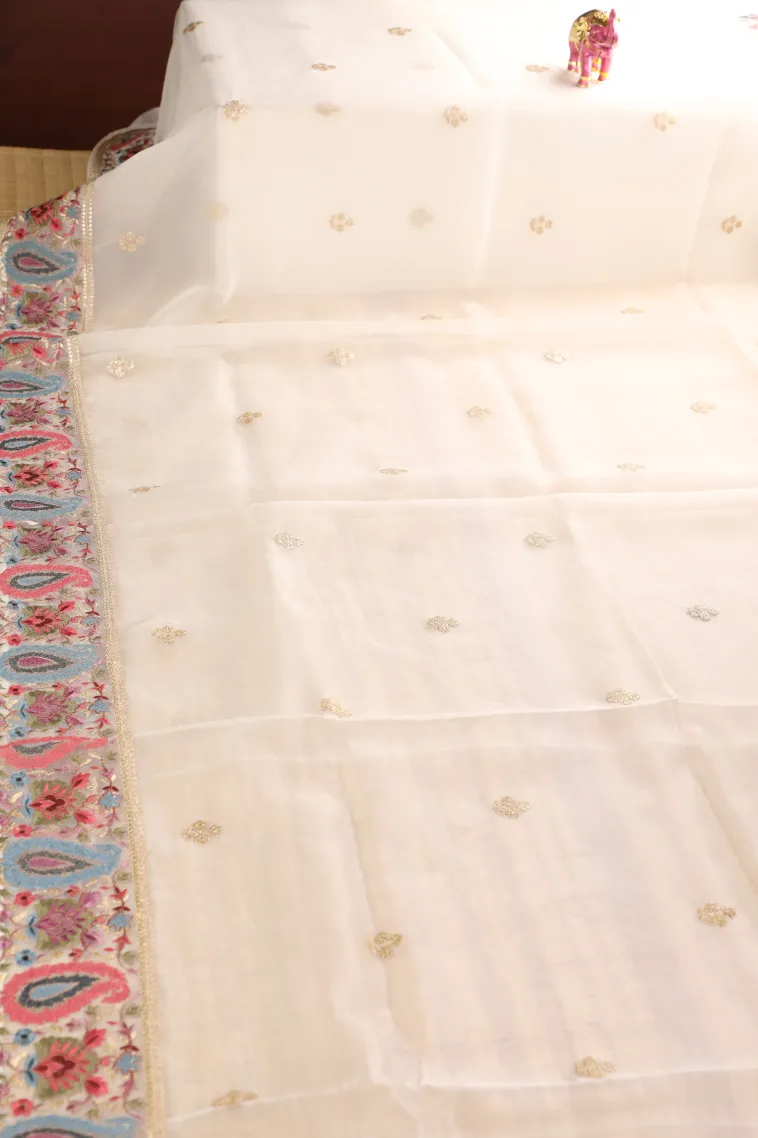 Cotton White Organza Saree with Thread Zari Flower Mottif view 2