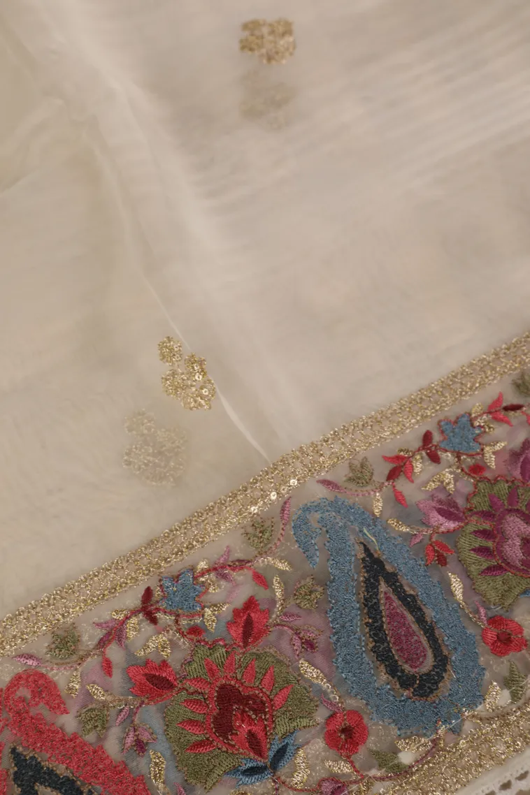 Cotton White Organza Saree with Thread Zari Flower Mottif view 3
