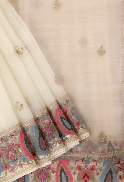 Cotton White Organza Saree with Thread Zari Flower Mottif