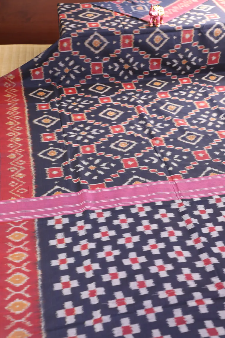 Indigo Blue Ikkat Cotton Sarees Without Zari With Geometric Shapes view 2