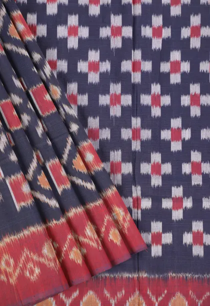 Indigo Blue Ikkat Cotton Sarees Without Zari With Geometric Shapes