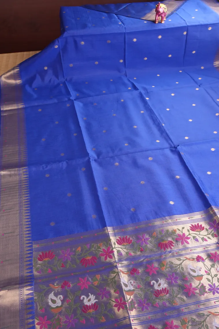 Azure Blue Semi Tussar Silk with Gold Zari Buttis (small Dots Or Motifs) view 2