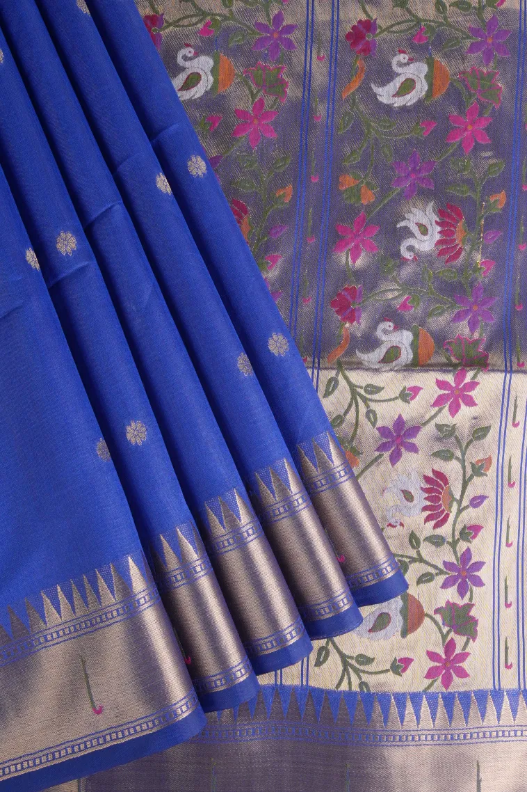 Azure Blue Semi Tussar Silk with Gold Zari Buttis (small Dots Or Motifs)