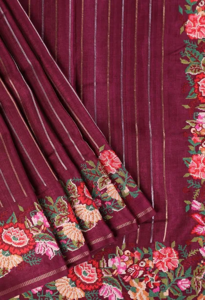Magenta Purple Banaras Sarees with Gold And Silver Zari Stripes