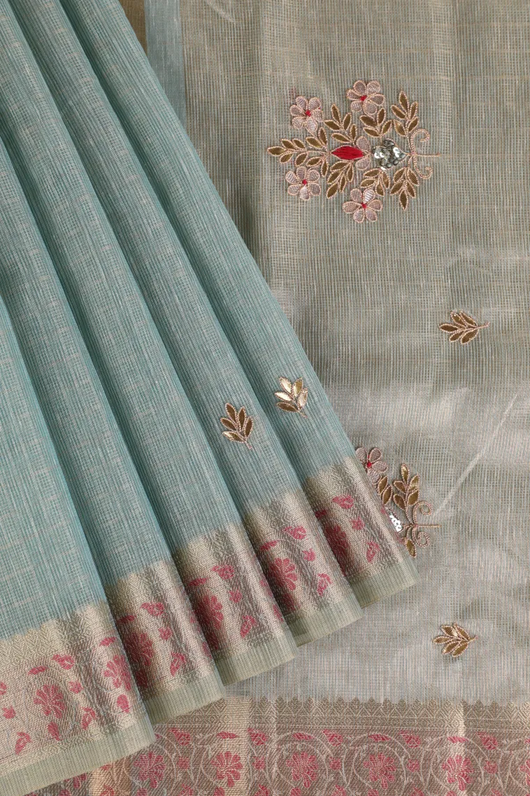 Sky Blue Tissue Silk Sarees with Gold Zari Leaf Puttas view 1