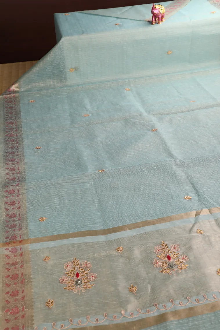 Sky Blue Tissue Silk Sarees with Gold Zari Leaf Puttas view 2