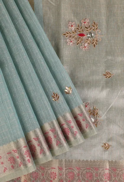Sky Blue Tissue Silk Sarees with Gold Zari Leaf Puttas